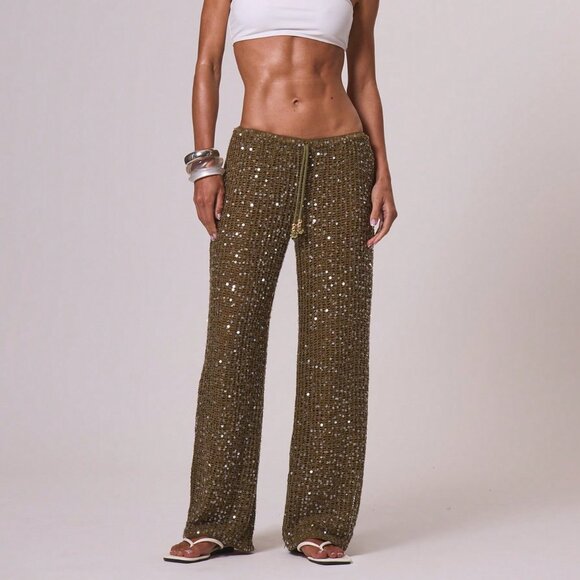Olive Green Boho Women's Resort Knit with sequin pants - Picture 1 of 6